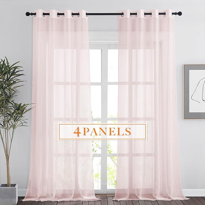 RYB HOME Peach Blush Sheer Curtains, Light Filtering Grommet Elegant Extra Long Window Panels, Airy & Breathable Voile Sheer Drapes for Kitchen, Living Room, Bedroom, 54W by 96L, Set of 4