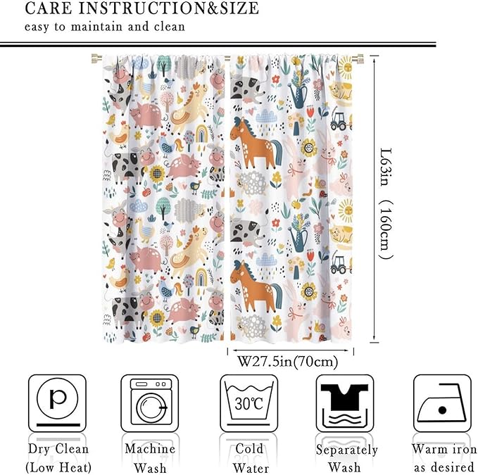 Farm Animal Curtains for Kids, Cartoon Cute Wild Animal Window Treatments Woodland Farmhouse Cow Horse Pig Window Drapes for Girls Boys Nursery Toddler Bedroom 55x63in