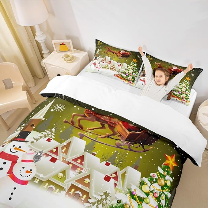 Manfei Christmas Duvet Cover Set King Size, Xmas Tree Snowman Comforter Cover with 2 Pillowcases, Santa Claus with Deer Bedding Set for Kids Boys Girls New Year Theme Bedspread Cover, No Comforter