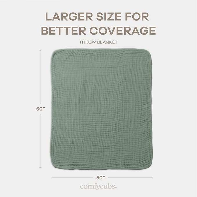 Comfy Cubs Muslin Throw Blanket - 50” x 60” Quilted Design - Lightweight, Breathable 6-Layer Gauze Fabric - Soft Cotton Blanket for Home or Travel - Packaged in Elegant Gift Box - Fern