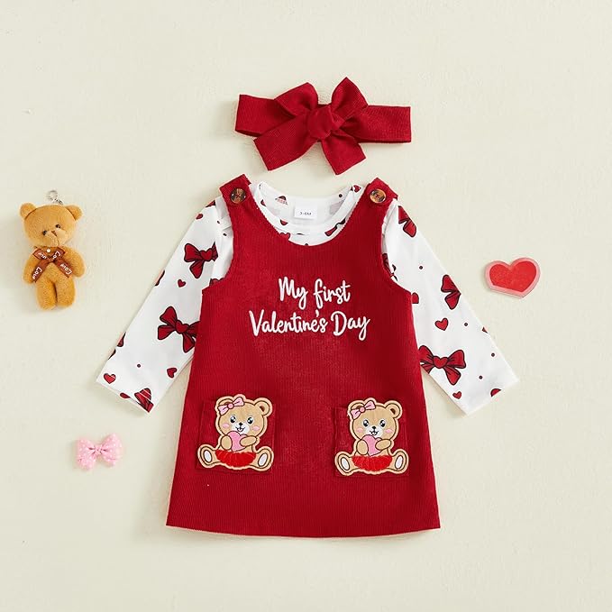 FIOMVA My First Valentines Day Outfit Clothes Baby Girl Romper Love Onesie Heart Embroidery Overalls Suspender Dress Set