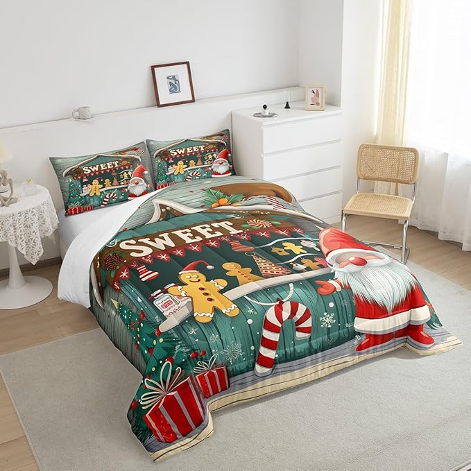 Merry Christmas Kids Comforter Set King Size,Gnome Sweet Candy Xmas Tree Snowflake Winter Bedding Set,Boys Girls Room Decor,Wooden Cabin Rustic Down Comforter,Red Green Duvet Insert,2 Pillowcases