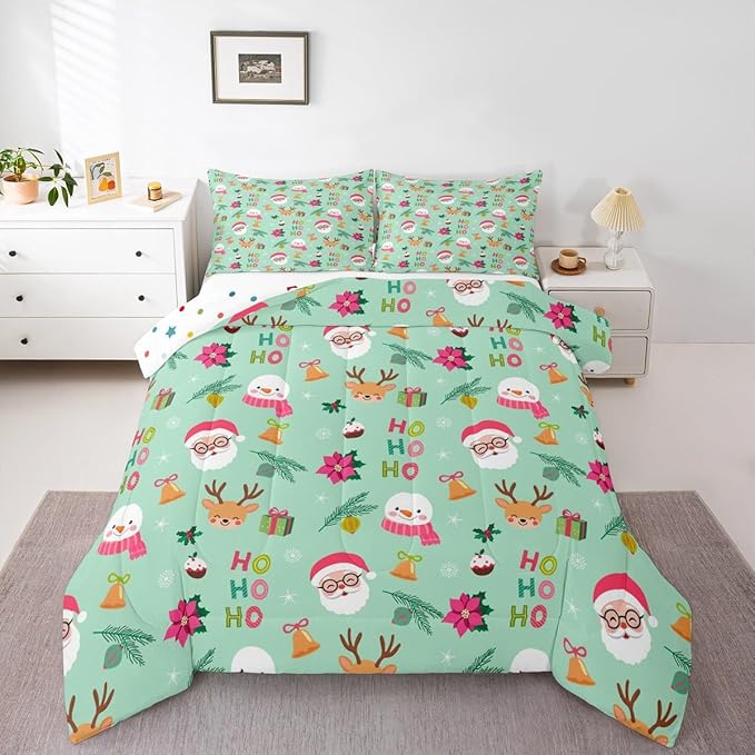 Feelyou Christmas Decor Bedding Set Soft for Boys Girls, Happy New Year Comforter Set Full Size Santa Claus Duvet Quilt Microfiber Bedroom Decor 3 Pcs with 2 Pillow Cases