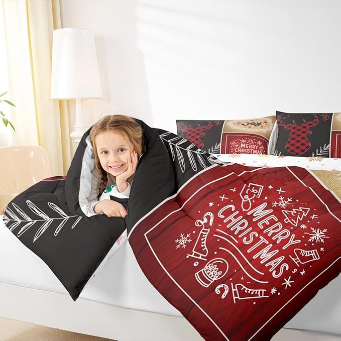 Deer Antler Kids Christmas Comforter Set Full Size,Elk Plam Leaves Bedding,Girls Boys Adults Bedroom/Xmas Cabin Decor,Plank Lattice Vintage Down Comforter,Rustic Farmhouse Duvet Insert,2 Pillowcases