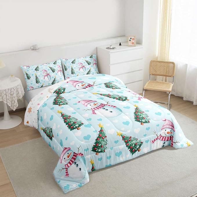 Feelyou Merry Christmas Kids Comforter Set Queen Size Cute Snowman Bedding Set Christmas Tree Duvet Quilt for Kids Boys Girls Bedroom Love Hearts Decor Microfiber Ultra Soft Breathable