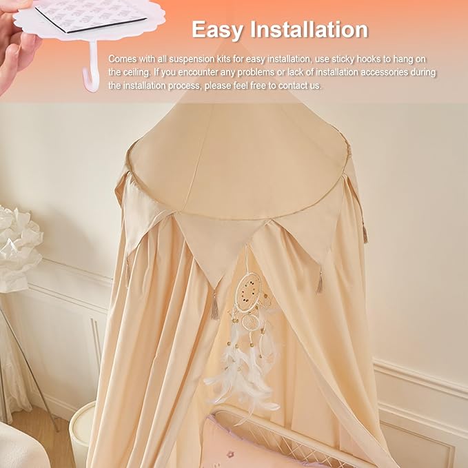 Bed Canopy for Kids, Girls Bed Curtain Bed Room Decor Hanging House Castle Reading Nook Dreamy Canopy(Light Yellow)