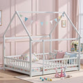 LLS Queen Size Montessori Floor Bed Frame with Slats and Fence, Wooden House Bed for Boys Girls Bedroom, White