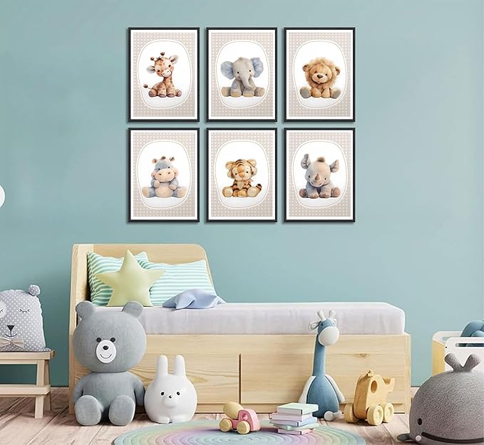 6pcs Nursery Animal Canvas Wall Art Safari Elephant Giraffe Posters Prints Kids Boy Wall Decor Pictures for Baby Boy Girl Toddler Kids Room Decorate Unframed