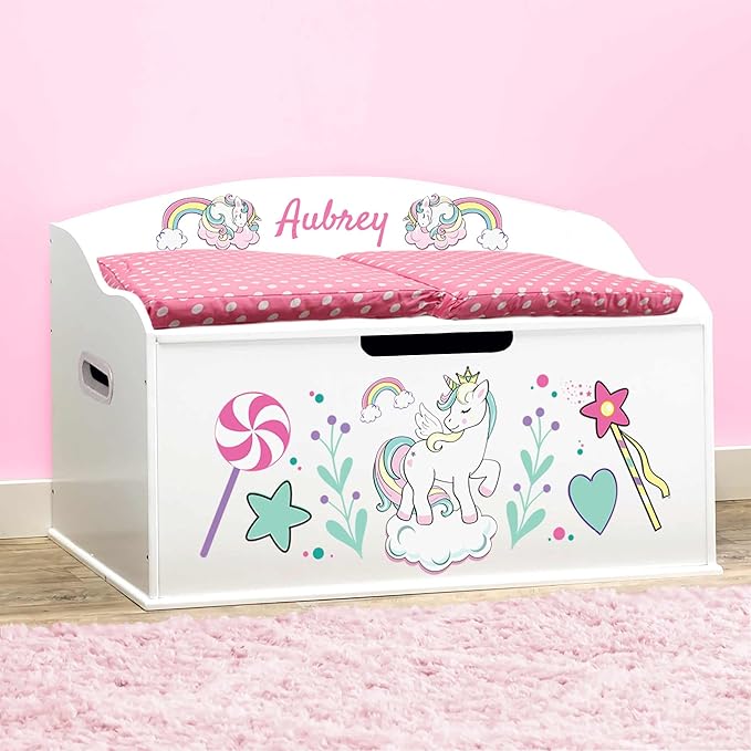 DIBSIES Personalized Creative Wonders Toy Box, Unicorns & Rainbows, 30 x 19.25 x 18 inches, Soft-Close Lid (White)