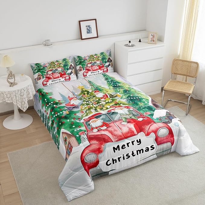 Christmas Tree Bedding Set Full Size,Red Truck Gnome Comforter Set for Kids Boys Girls Room Decor,Merry Christmas Polka Dot Cartoon Duvet Insert 3Pcs,Xmas Rustic Cabin Quilt Set,2 Pillowcases
