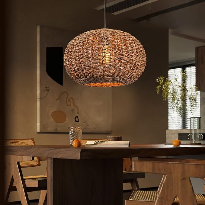 Arturesthome 1 Light Handwoven Boho Pendant Light, Rattan Wicker Hanging Ceiling Lighting Weave Chandelier Lamp Shade for Kitchen Island Restaurant Craft Room