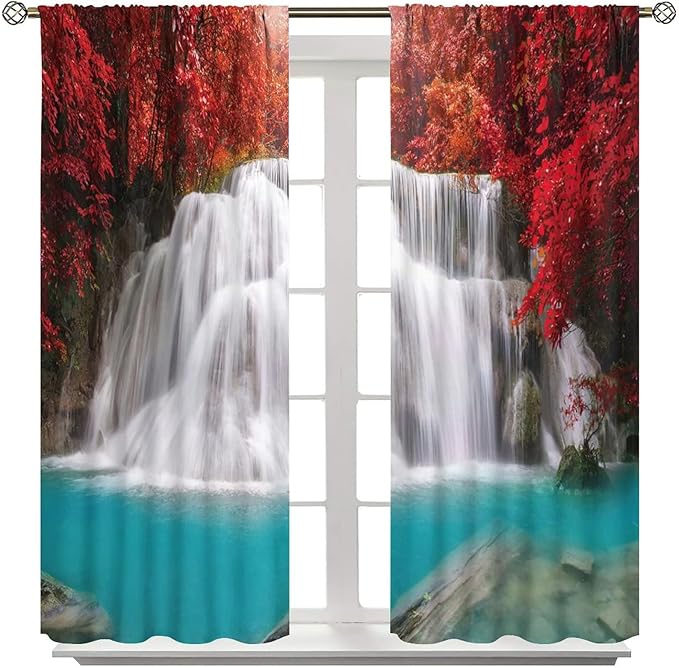 Red Forest Waterfall Blackout Windows Curtains, Tree Landscape Woodland Scenic Nature Fall Scenery Art Printed Curtains, for Living Room Bedroom 63x63in 2 Panels
