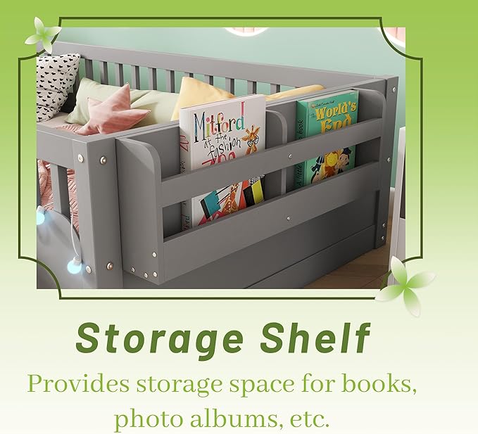 Twin Size Montessori Bed, Wood Twin Montessori Floor Bed with High Rails & Storage Shelf, Baby Floor Beds with LED Light for Boys & Girls, Gray