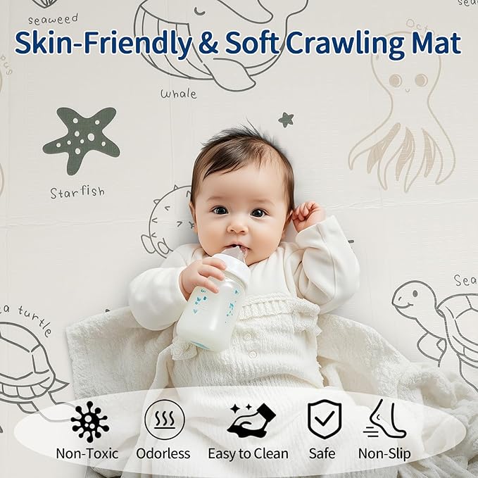 79x71 Baby Play Mat Foldable, Thick 0.8 Inch XPE Foam Waterproof, Extra Large Crawling Mat for Floor Kids Infant Training Non-Slip Reversible