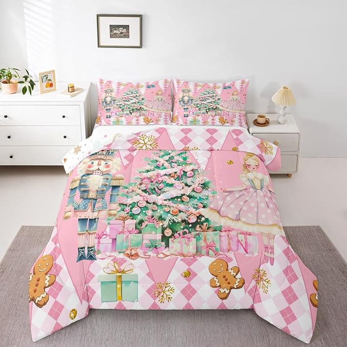 jejeloiu Christmas Nutcracker Comforter Set Twin Size Gingerbread Man Bedding Set for Kids Boys Girls Xmas Tree Duvet Quilt Pink Bedroom Decor