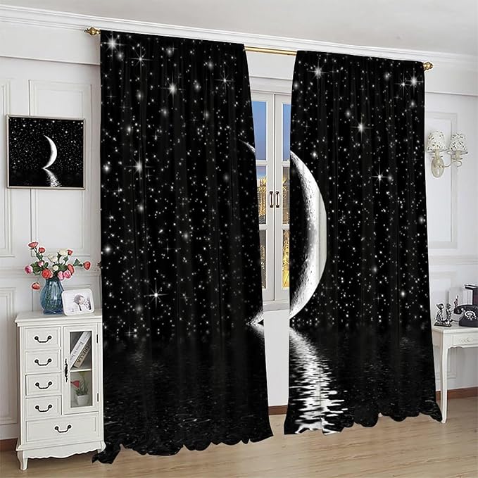 Night Starry Sky Curtain, Black Moon Phase Cloud Stars White New Moon Sparkly Shiny Galaxy Space Lake Fantasy Window Curtains for Kids Boys Girls Room Bedroom Living Room 42" W X 54" L