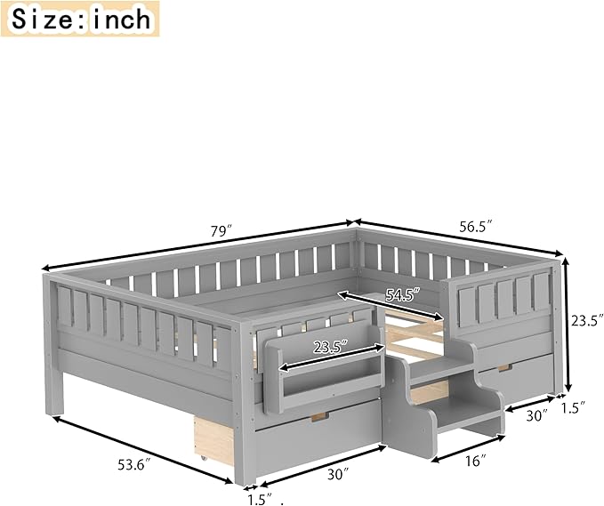 Bellemave Full Size Kids Bed with high Rails and with Built-in Bookshelf and Drawers for Kids, Girls, Boys, Wood Montessori Bed Without Door, Gray