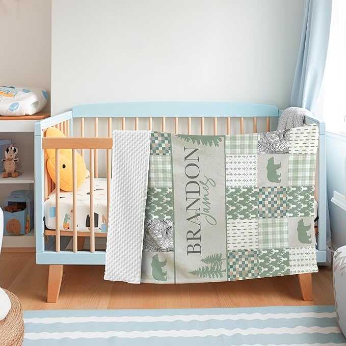Personalized Rustic Woodland Baby Blanket - Custom Name Bear & Deer Design, Soft Blanket with Double Layer Dotted Backing for Infants Toddlers, Ideal Nursery Decor (30”x40)