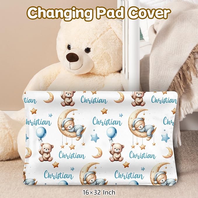 Custom Name Crib Bedding Set, 3 Pcs Personalized Baby Crib Bedding Set, Soft Blue Moon Bear Nursery Crib Sets for Boys Girls, Double Layer Toddler Bedding Set Customized Gifts for Newborn Kids