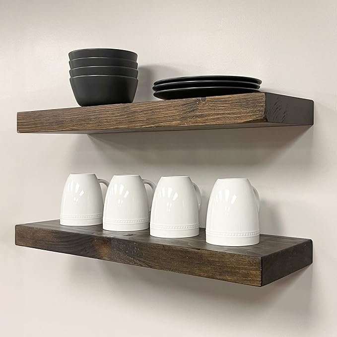 URBANDI, Rustic Floating Shelves, Set of 2, Hidden Bracket, Solid Wood, Heavy Duty, Wall Mounted Shelves, (Dark Brown, 48Wx6D)