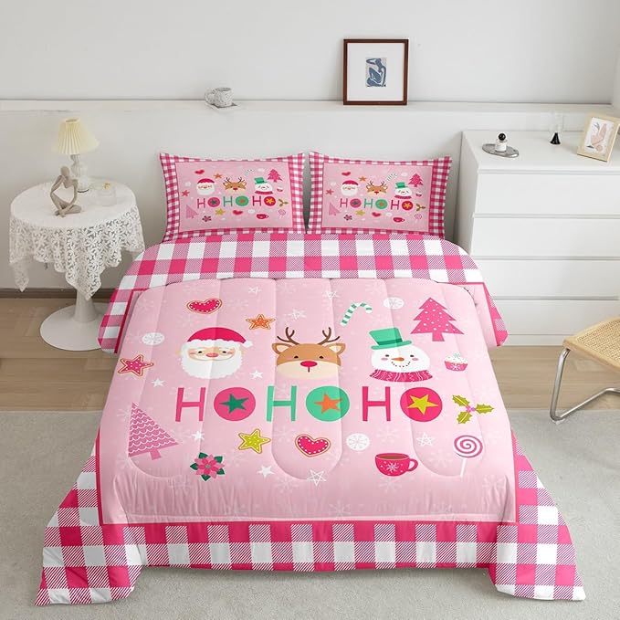 Merry Christmas Kids Comforter Set Full Size,Cartoon Santa Claus Snowman Deer Bedding Set,Boys Girls Adults Room Decor,Geometric Grids Fashion Down Comforter,Pink Xmas Duvet Insert,2 Pillowcases