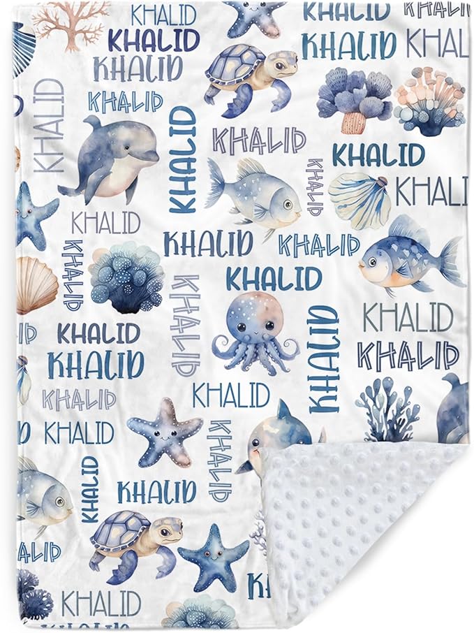 Personalized Baby Blanket with Name, Customized Blanket for Newborn Boys Girls, Ocean Animals Flannel Baby Name Blanket with Dotted Backing, Receiving Swaddle, Gifts for New Parents(47" x60)