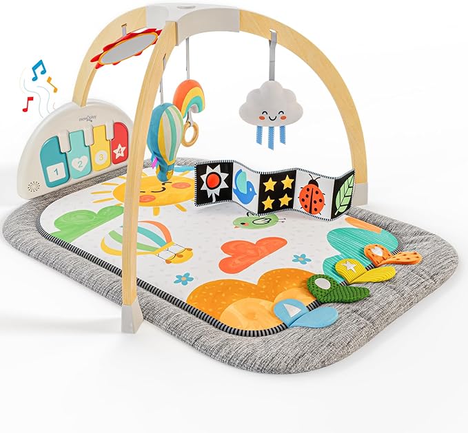 Move2Play, Montessori Inspired Wooden Kick & Play Baby Gym | Musical Piano | Thick + Soft Floor Mat | Tummy Time Activity Center | Play Mat for Newborns & Infants | Toys for Ages 0-6+ Months