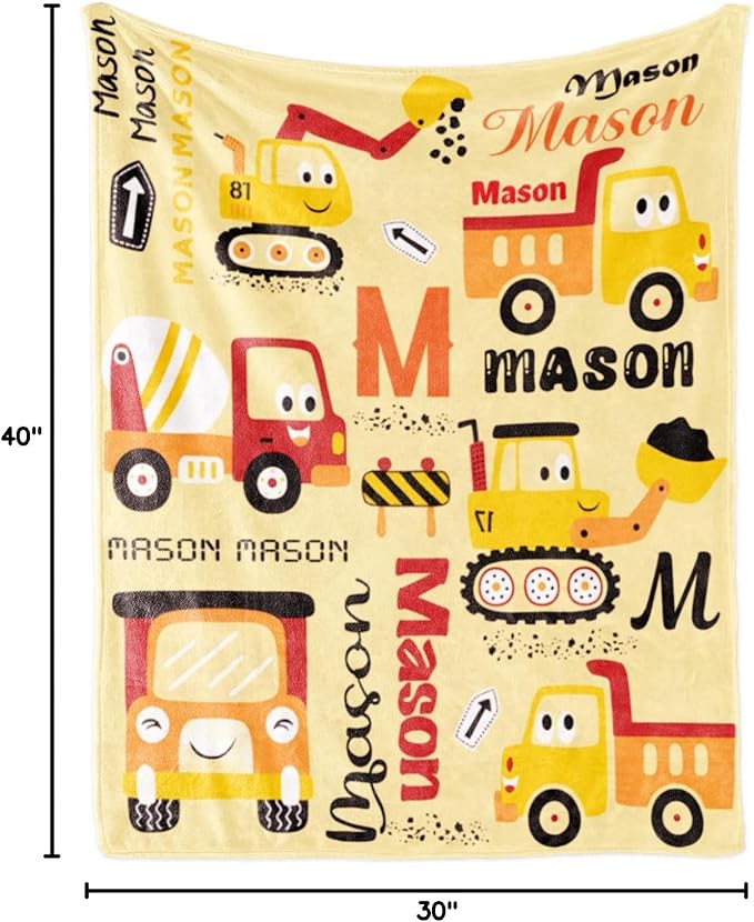 Personalized Construction Blanket with Name for Baby Boys Girls, Custom Truck Blanket Construction Vehicles, Soft Flannel Toddler Blankets Customized Gift for Newborn Baby Shower Birthday-30x40inch