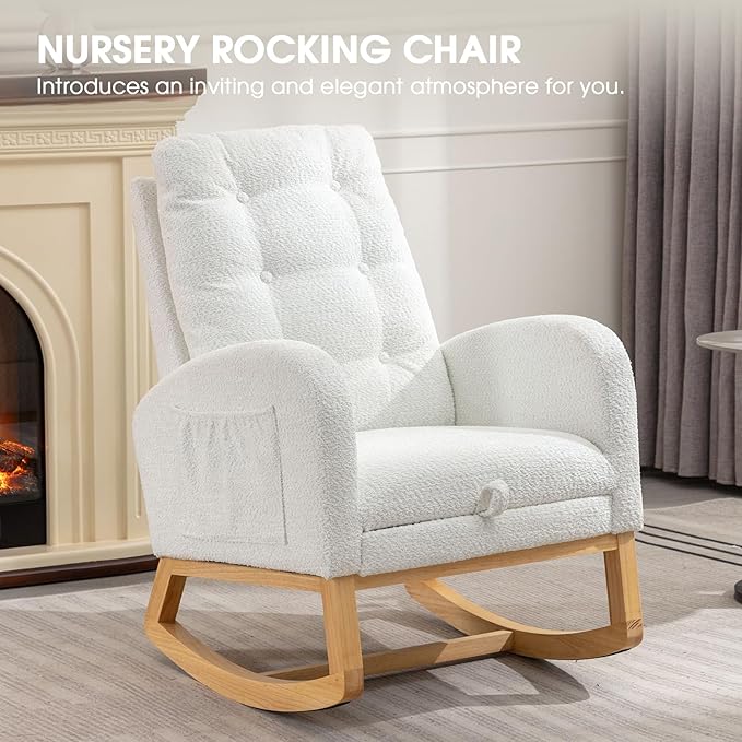 NIOIIKIT Nursery Rocking Chair, Linen Upholstered Glider Chair with Footrest, Tufted Rocker Recliner with Side Pocket, Comfy Recliner Glider, Accent Chair for Living Room (White Polar Fleece)
