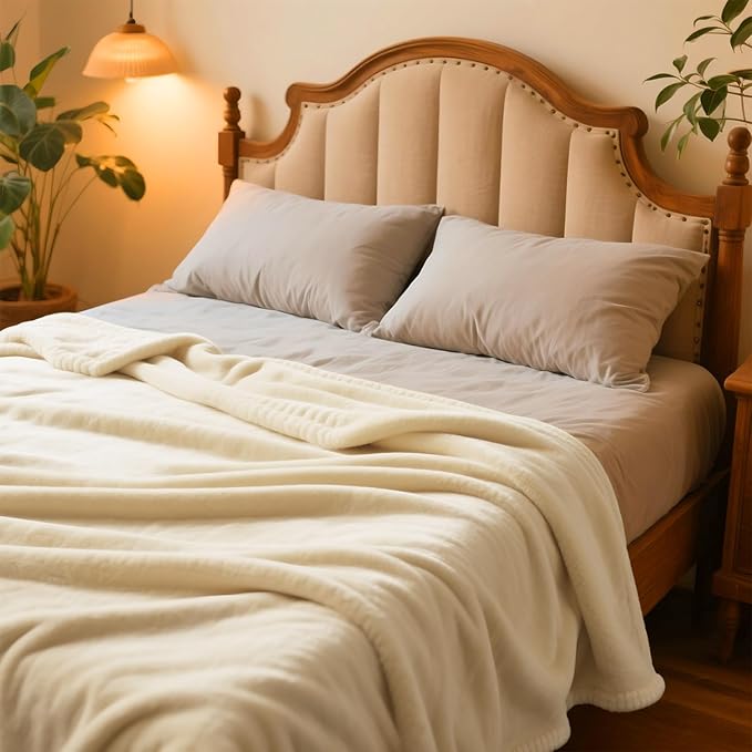 Plush Velvet Fleece Bed Blanket, Lightweight Queen Size Blanket, Soft Fuzzy Cozy Blanket for Couch (Cream Yellow, Twin)