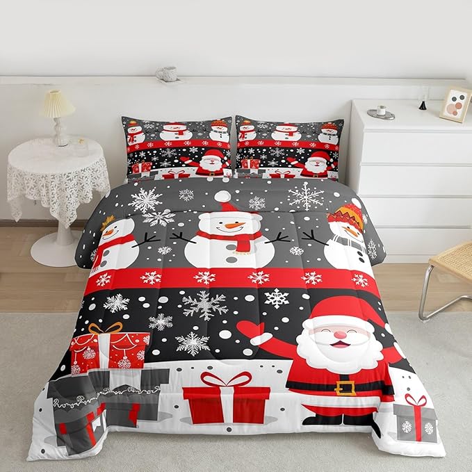 Feelyou Christmas Bedding Set Soft for Boys Girls, Merry Christmas Comforter Set Toddler Size New Year Gift Duvet Quilt Microfiber Snowflake Bedroom Decor 2 Pcs with 1 Pillow Cases