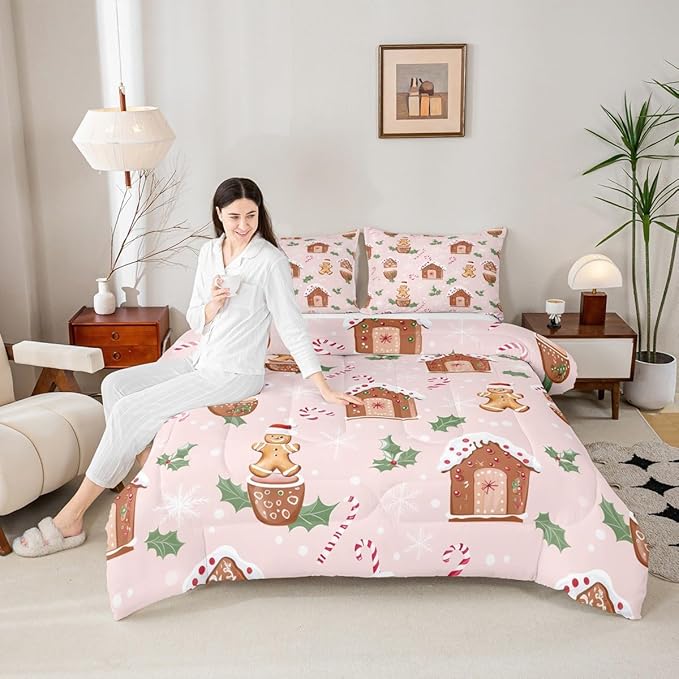 Feelyou Pink Christmas Comforter Set All Season Gingerbread Man Bedding Set with 1 Pillow Cases Christmas Pastry Microfiber Kids Toddler Bedclothes Candy Cane Bedroom Decor Duvet Quilt Breathable Soft