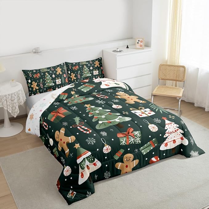 Feelyou Christmas Comforter Set King Size Xmas Tree Bedding Set for Kids Boys Girls Gingerbread Man Duvet Quilt New Year Gift Bedroom Decor Microfiber 3 Pcs with 2 Pillow Cases