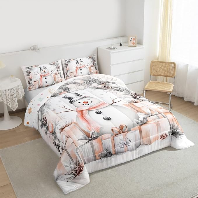 Feelyou Merry Christmas Comforter Set Full Size Cute Snowman Bedding Set for Kids Boys Girls Duvet Quilt Snowflake Bedroom Decor Microfiber 3 Pcs with 2 Pillow Cases