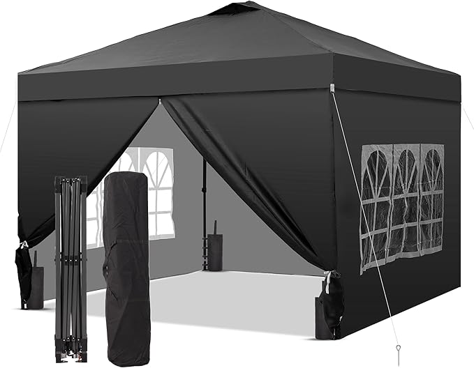 GDY 10x10 Pop Up Canopy Tent with 4 Sidewalls, Easy Set up with One Push Lift Outdoor Silver Coated Beach Gazebos, Carpas with 4 Sandbags, for Pool, Events, Parties, and Camping, Black.