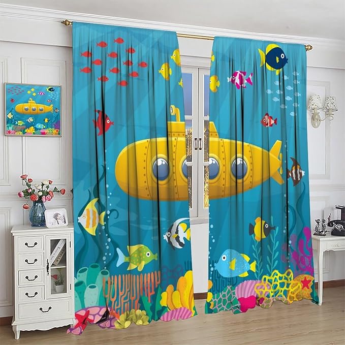 Boy Window Curtains Submarine Window Drapes Yacht Window Treatments Underwater World Oasis Thermal Drapes for Kids Girls Toddler Teens Room Dorm Decor Set 2 Panels,42x63 Inches, Style-1