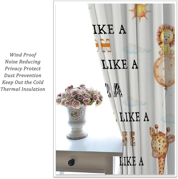 Cartoon Animals Curtains, Cute Jungle Animal Zebra Elephant Lion Giraffe Blackout Window Treatments, Rod Pocket Thermal Insulated Drapes 2 Panel Sets for Kids Bedroom Nursery Classroom, 42"W X 54"L