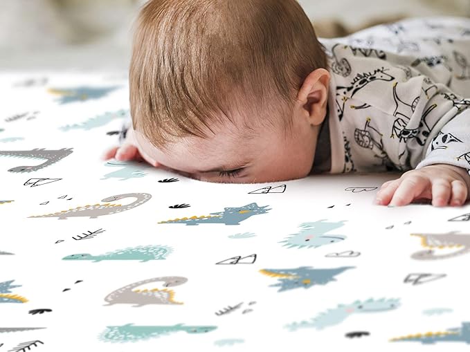 GRSSDER Stretchy Ultra Soft Jersey Knit Fitted Crib Sheets Set 2 Pack, Cozy Fits All Standard Crib Mattress Pads, Happy Dinosaurs Print for Boys and Girls