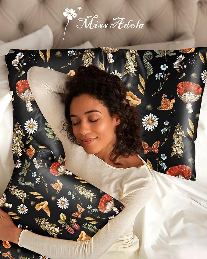 Silk Pillowcase 2 Pack - Pillow Cases 20" x 36" King Size Set of 2 for Hair and Skin Smooth Soft Breathable with Hidden Zipper Cooling Pillow Covers for Sleeping, Mushroom Plants