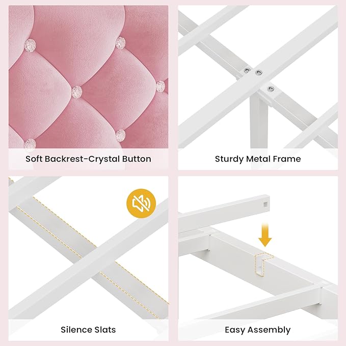 BTHFST Twin Bed Frame with Storage Headboard & 4 Drawers, Girl Upholstered Storage Bed with LED Lights & Charging Station, No Box Spring Needed, Easy Assembly, Pink