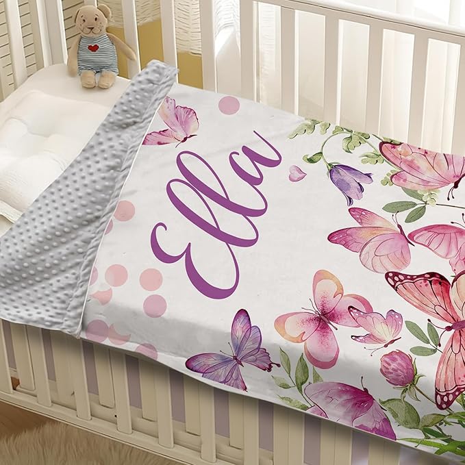 Personalized Baby Blanket for Girls, Custom Name Blanket for Newborn New Mom, Soft Flannel with Double Layer Dotted Backing, Ideal Gifts for Baby Shower Christmas Birthday, Butterfly(60" x80)