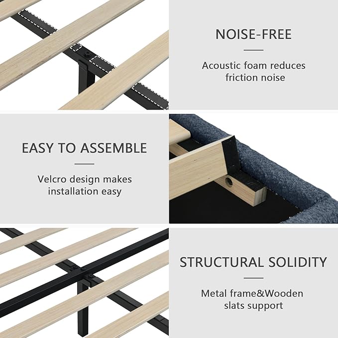 Queen Bed Frame with Headboard, Cloud Boucle Upholstered Bed Frame, Modern Soft Style, Adjustable Headboard, No Box Spring Needed, Easy Assembly, Blue