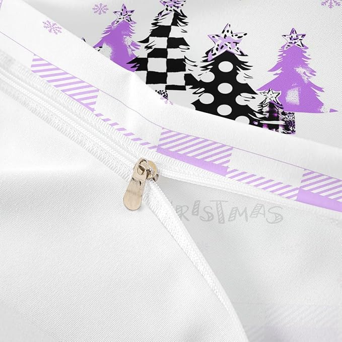 Manfei Xmas Trees Duvet Cover Set Full Size, Purple Plaid Grid Snowflake Bedding Set for Kids Girls Bedroom Decor, Christmas Theme Comforter Cover New Year Quilt Cover with 2 Pillowcases, No Comforter