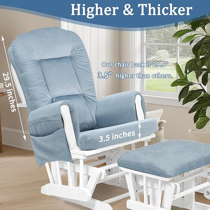 BECHAEO 5PCS Velvet Glider Rocker Replacement Cushions with Ottoman Cover Soft Thicken Rocking Chair Cushion Set for Indoor Nursery Glider Rocking Chair, Baby Blue