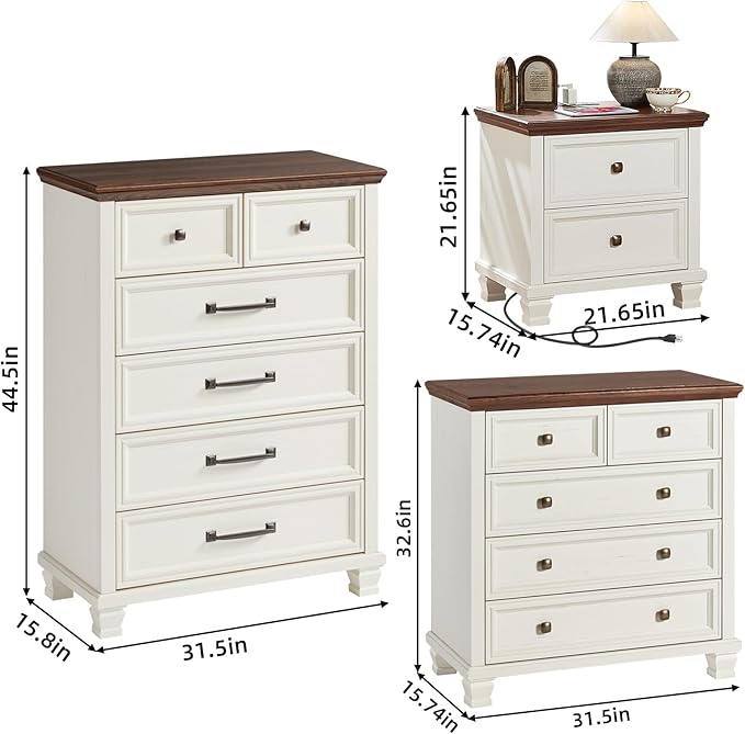 Farmhouse Bedroom Dresser and Nightstand Set of 4, 6 Drawer Tall & 5 Drawers Dresser & 2 Drawer Nightstand Set, Rustic Wood Furniture Set for Bedroom, Hallway, White