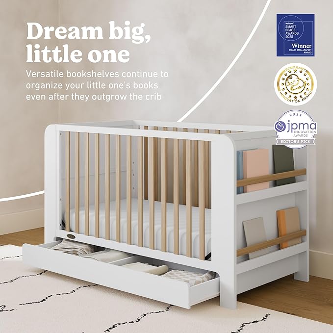 Graco Read-with-Me 4-in-1 Convertible Crib with Drawer (White with Driftwood) - GREENGUARD Gold Certified Converts to Toddler Bed, Daybed, and Functional Bookshelves