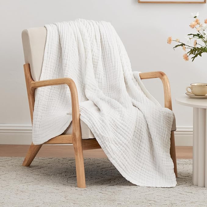 Love's cabin 6 Layer 100% Cotton Muslin Blanket, 50"x60" Throw Muslin Blanket for Couch Bed, White Muslin Throw Blanket, Lightweight and Breathable Cotton Gauze for Adult