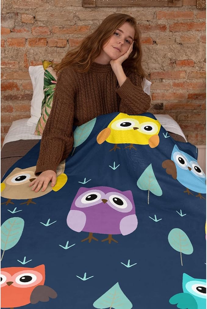 Thuswarm Cute Colorful Owl Flannel Blanket for Autumn Winter Gifts Warm Cozy Soft Funny Print Throw for Bed Couch Sofa 120”×90” Extra Large for Family