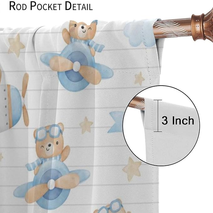 Cartoon Bear Curtains, Lovely Bear Adventure Airplane Blue White Stripe Blackout Window Treatments, Rod Pocket Thermal Insulated Drapes 2 Panel Sets for Kids Bedroom Nursery Classroom, 42"W X 54"L