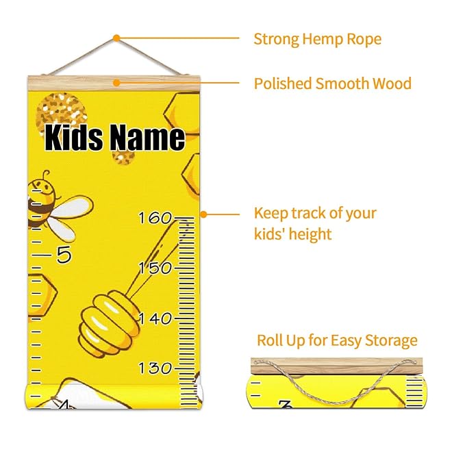Personalized Kids Name Growth Chart Ruler for Wall Wood Frame Height Measure Chart 13.4x56 in Linen Hanging Height Growth Chart Yellow Cute Bees Pattern Kids Room Decor